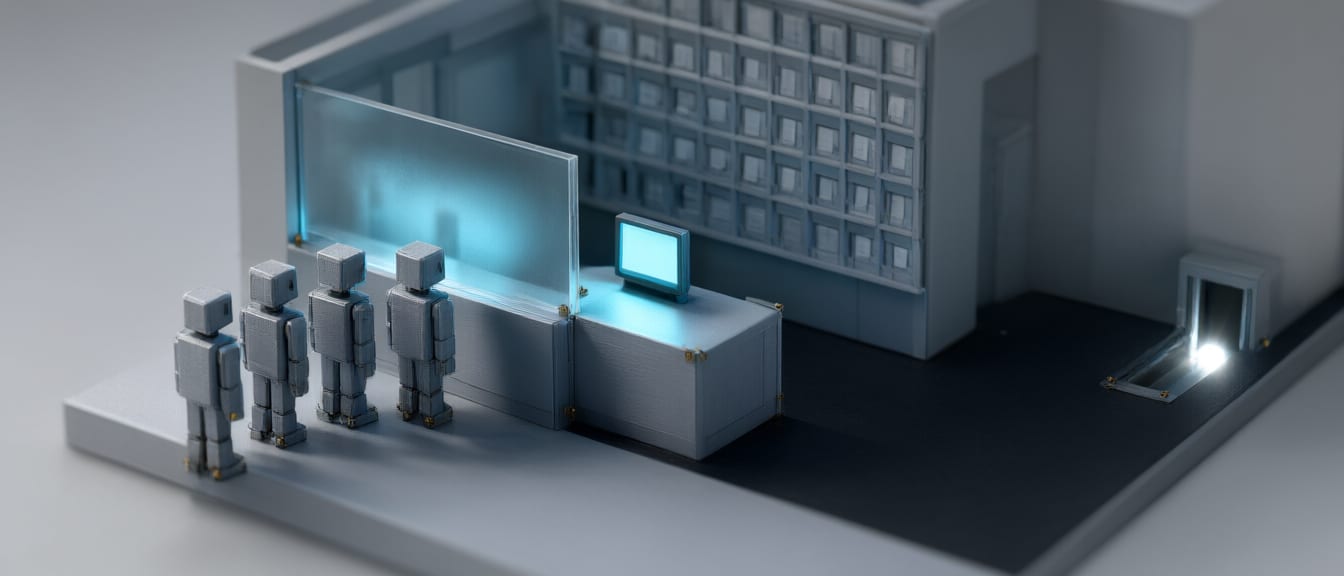 1:87 scale model of a municipal service hall for robots, queue at the clerk window, chute at the far end